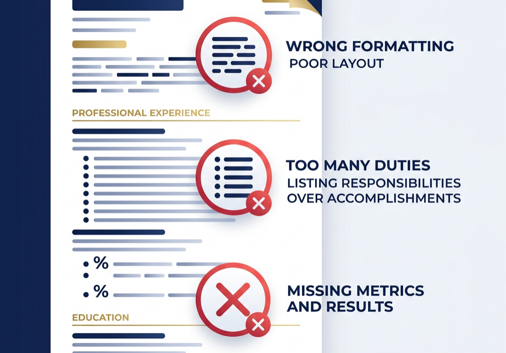 Common resume mistakes infographic with warning icons and a resume document (1)